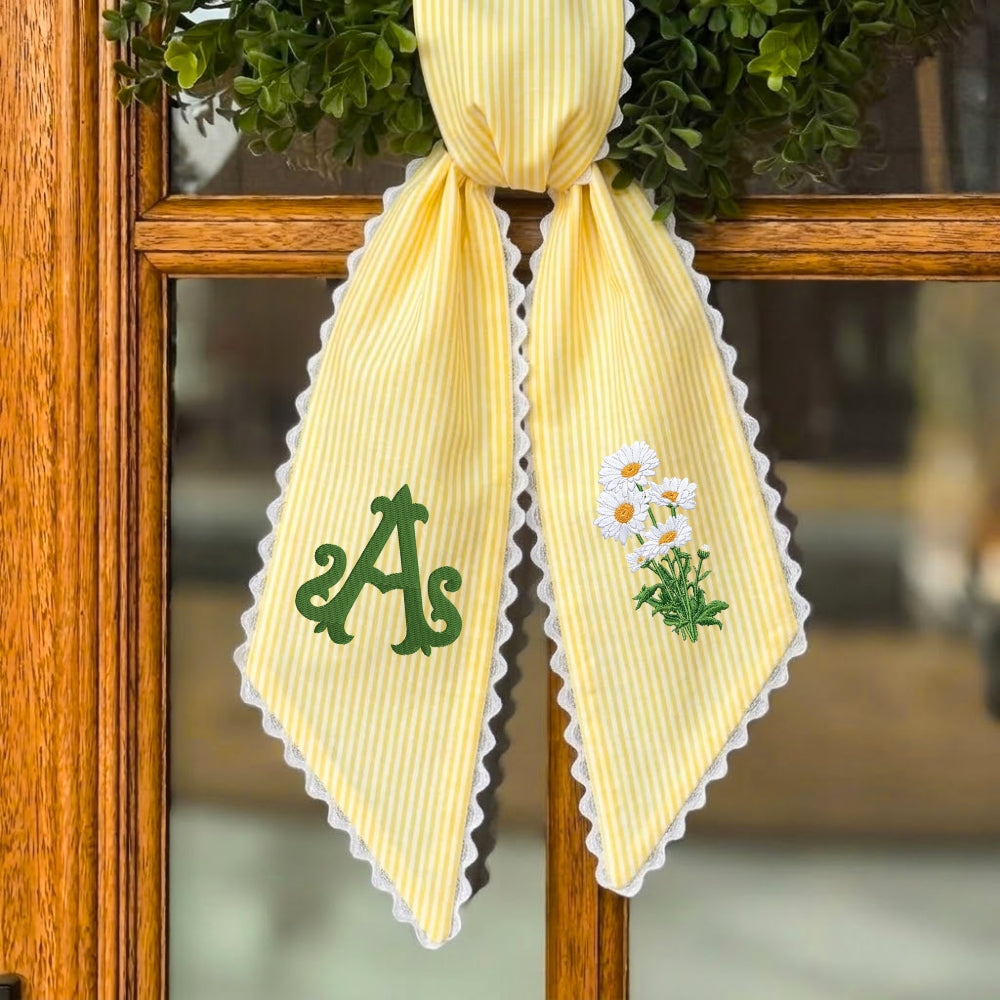 Daisy Wreath Sash for Front Door, Embroidered Flowers Wreath Sash 54x5 Inch, Personalized Initial Monogram Sash Front Door Decor, Bow Ribbon Wreath Sashes for Family Friends
