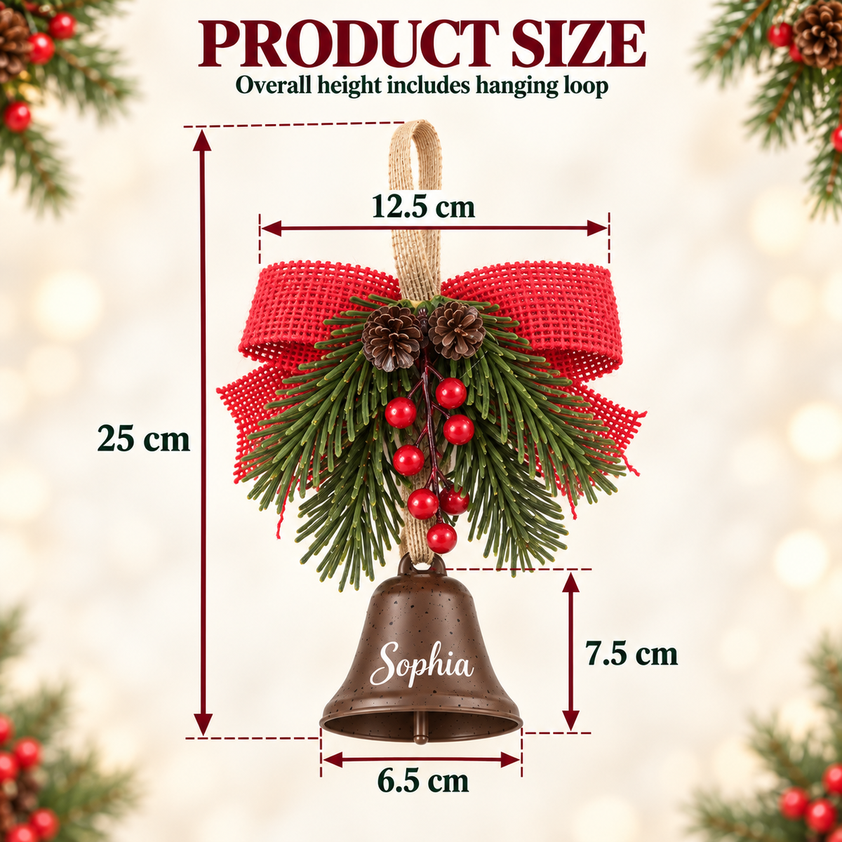Hanging Christmas bell dimensions: overall height 25 cm, width 12.5 cm, bell 7.5 by 6.5 cm