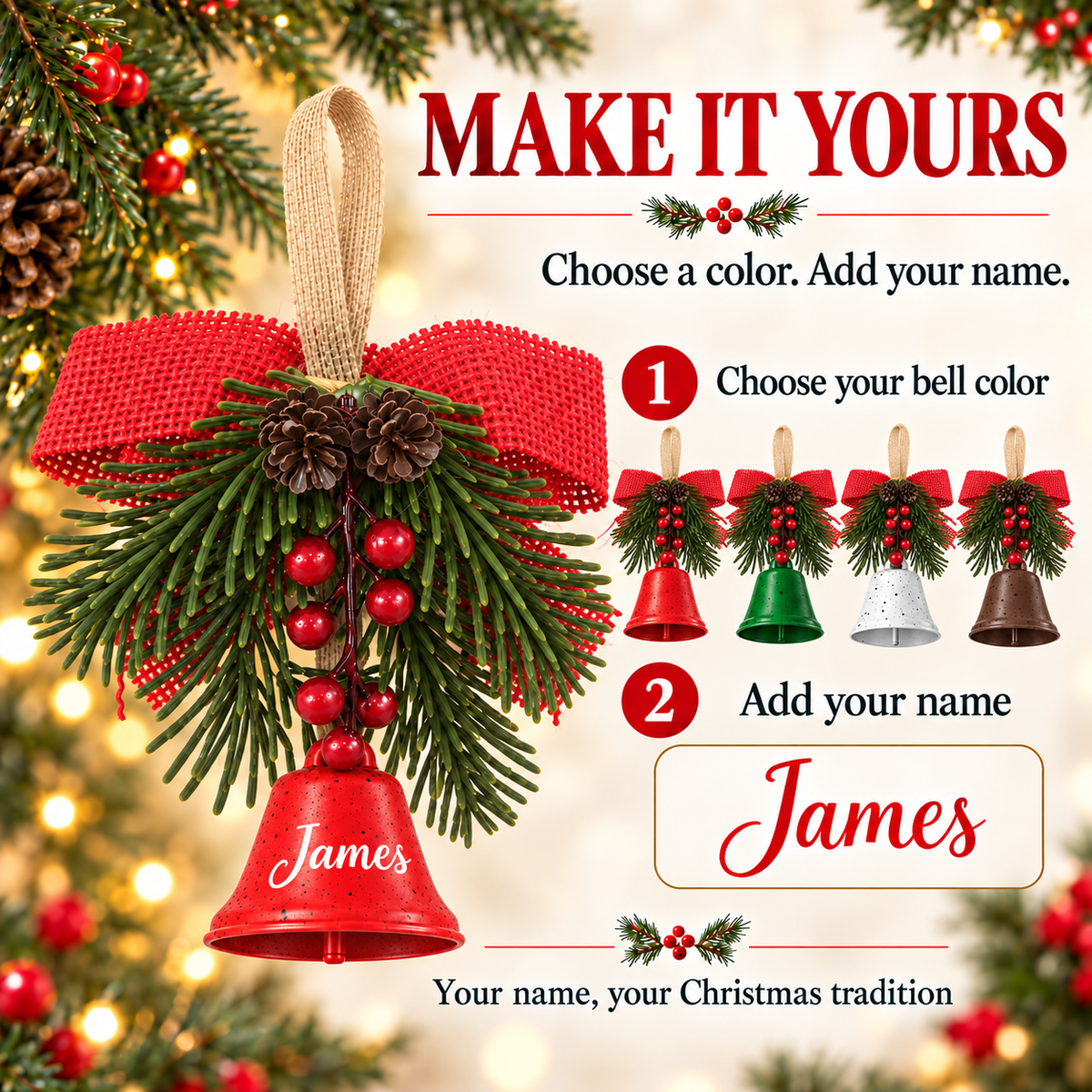 Personalized Christmas bell: choose a color and add your name