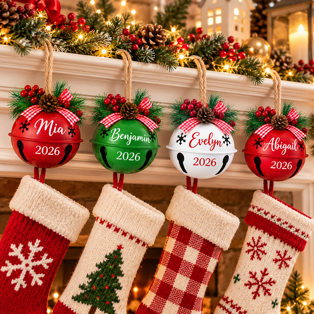 Personalized Christmas jingle bell ornaments decorating stockings