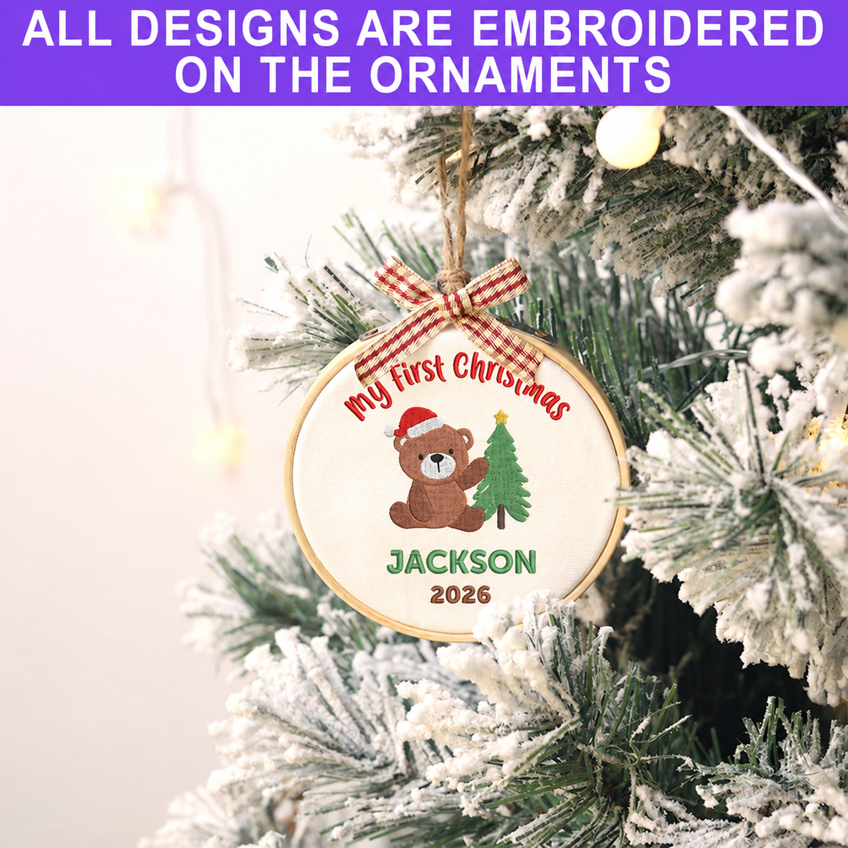 Personalized Embroidered Baby's First Christmas Ornament 2026 - Santa Teddy Bear and Christmas Tree - Image 3