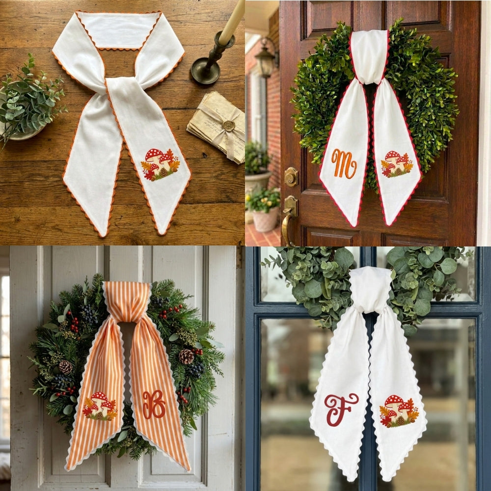 Embroidered Fall Wreath Sash Bow with Initials, Personalized Monogram Wreath Sashes 54x5 in, Mushroom Wreath Ribbon for Front Door, Garland Accessories, Autumn Farmhouse Door Wreath Decor