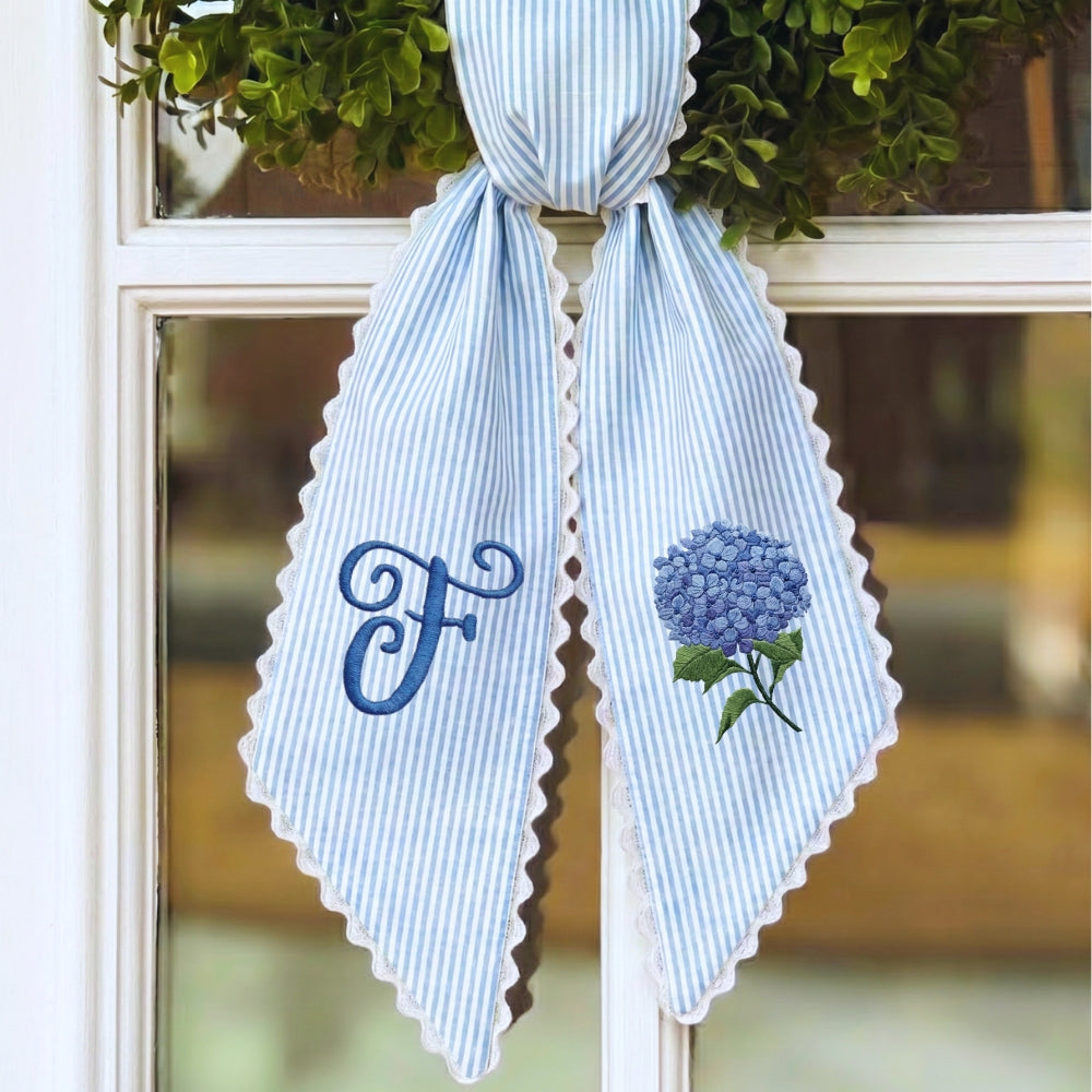 Hydrangea Monogram Wreath Sash Bow for Front Door, Personalized Initial Name, Monogramed Embroidered Ribbon with Adjustable Bow Knot Farmhouse Door Wreath Decor, Gift for Family Friends