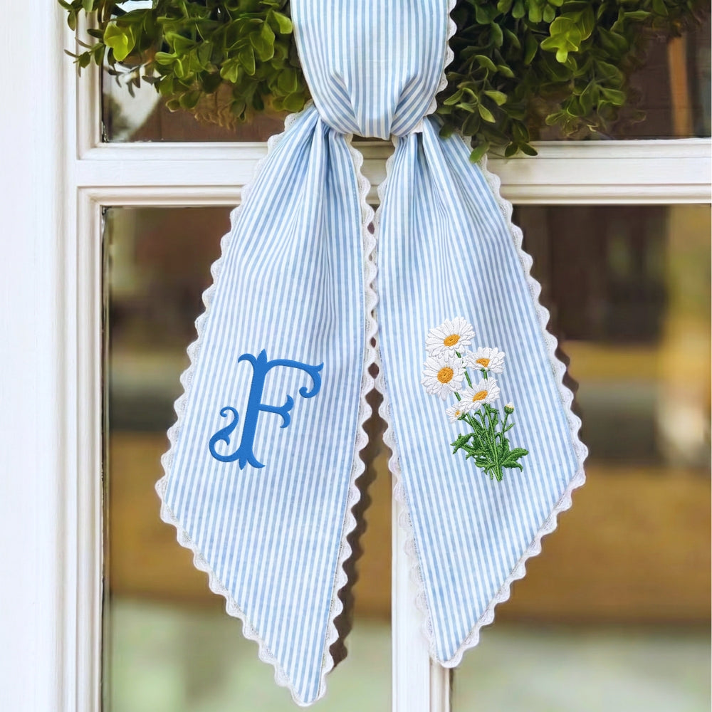 Daisy Wreath Sash for Front Door, Embroidered Flowers Wreath Sash 54x5 Inch, Personalized Initial Monogram Sash Front Door Decor, Bow Ribbon Wreath Sashes for Family Friends