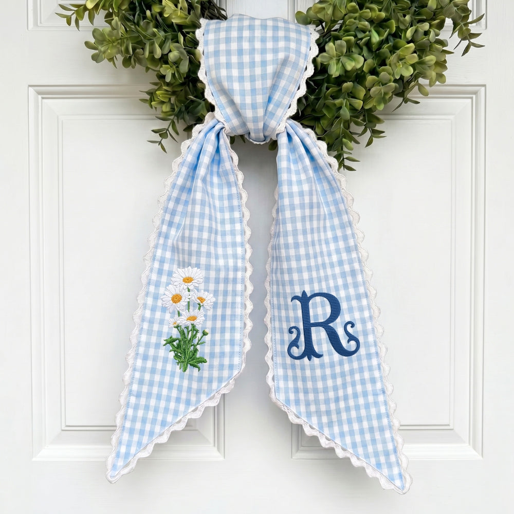 Daisy Wreath Sash for Front Door, Embroidered Flowers Wreath Sash 54x5 Inch, Personalized Initial Monogram Sash Front Door Decor, Bow Ribbon Wreath Sashes for Family Friends
