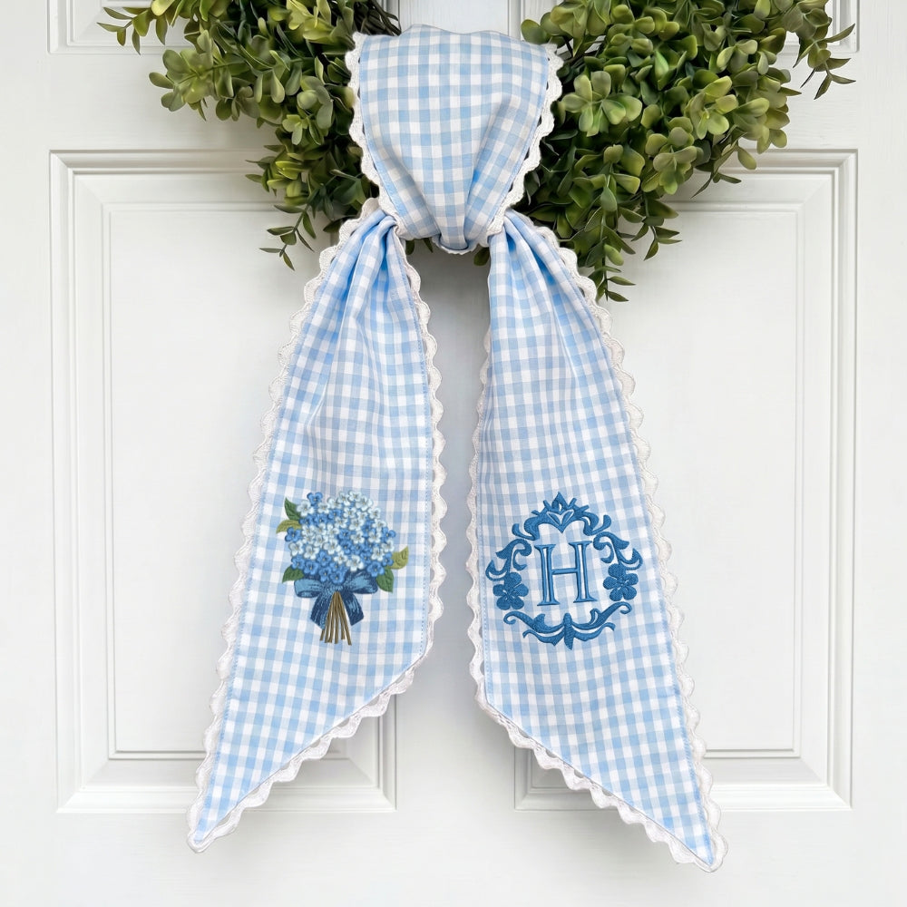 Blue Hydrangea Wreath Sash for Front Door, Personalized Initial Name Wreath Sash, Monogramed Embroidered Ribbon with Adjustable Bow Knot Farmhouse Door Wreath Decor, Gift for Family Friends