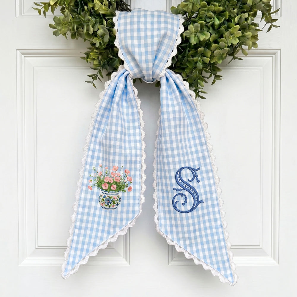 Pink Flowers Wreath Sash for Front Door, Embroidered Flower Wreath Sash 54x5 Inch, Personalized Initial Monogram Sash Front Door Decor, Bow Wreath Sashes for Family Friends