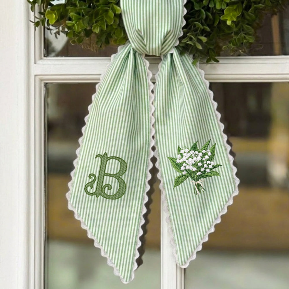 Lily Of The Valley Wreath Sash for Front Door, Embroidered Flowers Wreath Sash 54x5 Inch, Personalized Initial Monogram Sash Front Door Decor, Bow Wreath Sashes for Family Friends