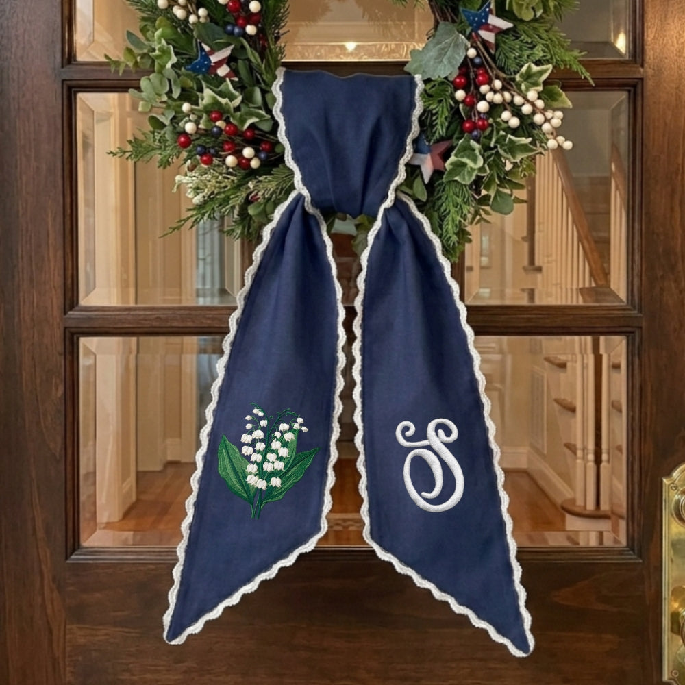 Lily Of The Valley Wreath Sash for Front Door, Embroidered Flowers Wreath Sash 54x5 Inch, Personalized Initial Monogram Sash Front Door Decor, Bow Wreath Sashes