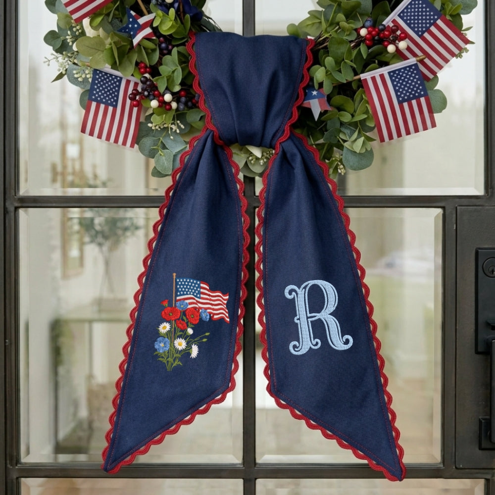 US Flag WithFlowers Patriotic Wreath Sash 54x5 Inch, Wreath Sash for Front Door, Personalized Embroidered Monogram Sash, Independence Day Front Door Decor, America Flag with Bow Wreath Sashes