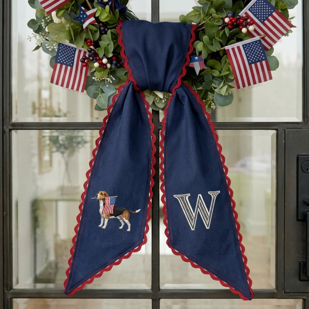 Beagle with US Flag Wreath Sash for Front Door, Personalized Initial Name Wreath Sash, Patriotic Wreath Sash, Monogramed Embroidered Ribbon with Adjustable Bow Knot Farmhouse Door Wreath Decor, 4th July Gift for Family Friends
