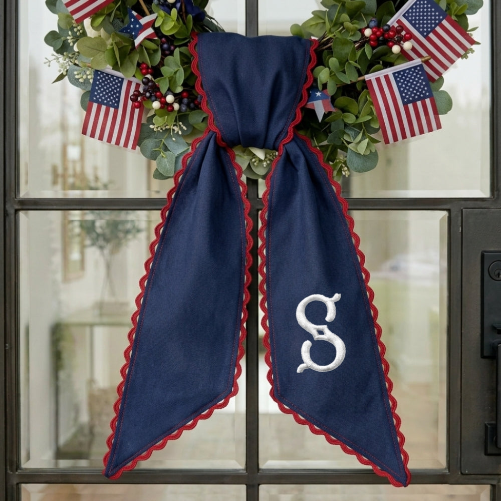 US Flag With Hydrangea Patriotic Wreath Sash 54x5 Inch, Wreath Sash for Front Door, Personalized Embroidered Monogram Sash, Independence Day Front Door Decor, America Flag with Bow Wreath Sashes