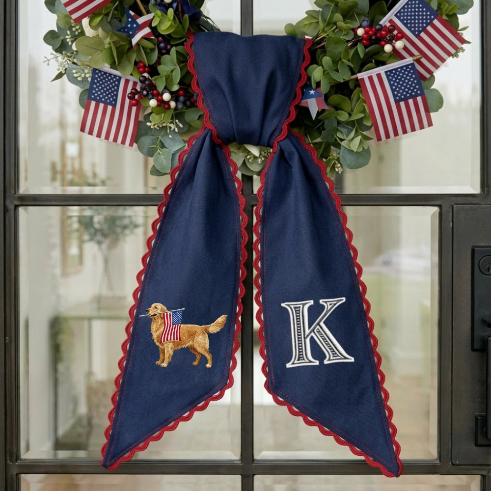 Golden Retriever with US Flag Wreath Sash for Front Door, Personalized Initial Name Wreath Sash, Patriotic Wreath Sash, Monogramed Embroidered Ribbon with Adjustable Bow Knot Farmhouse Door Wreath Decor, 4th July Gift for Family Friends