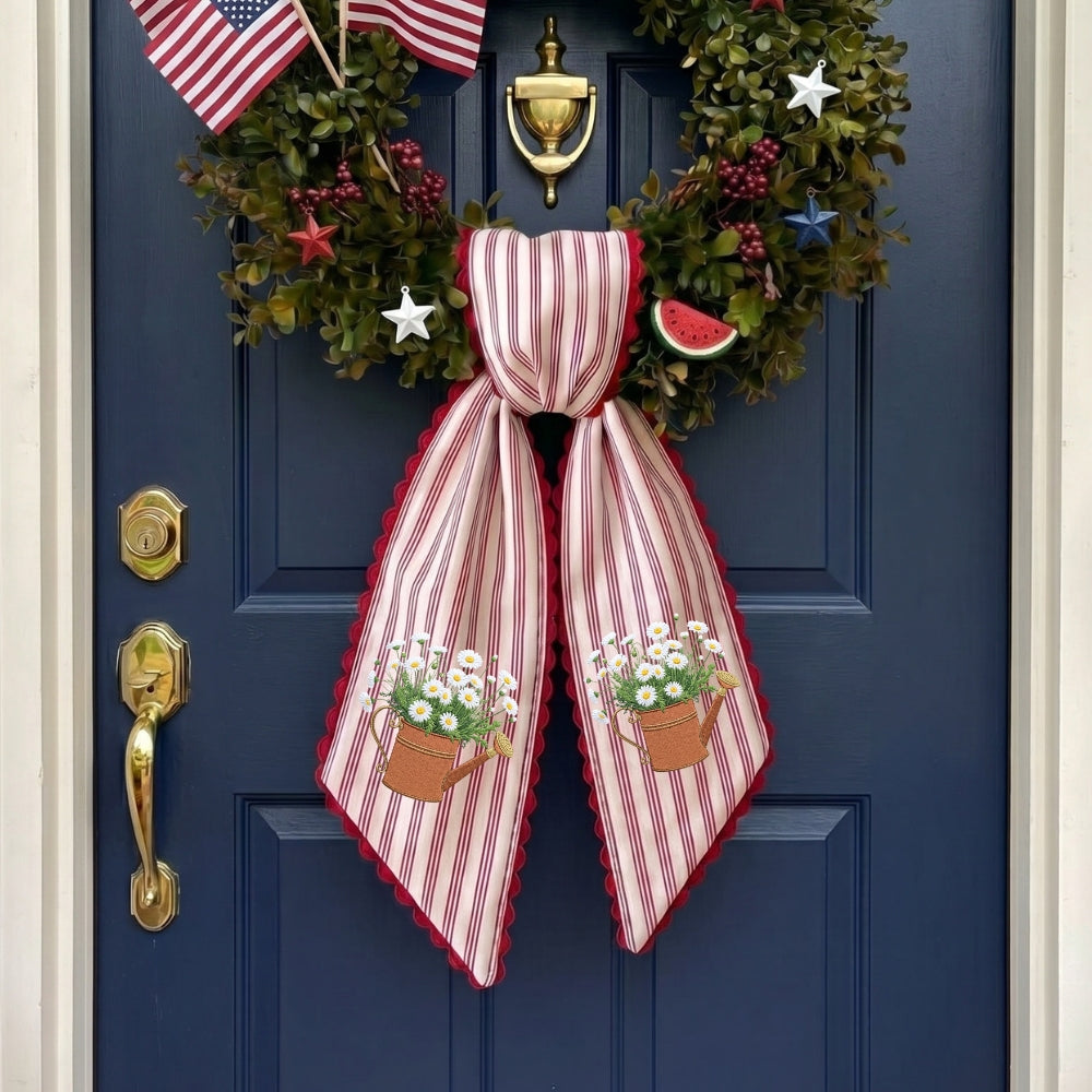 Daisy Wreath Sash for Front Door, Embroidered Flowers Wreath Sash 54x5 Inch, Personalized Initial Monogram Sash Front Door Decor, Bow Ribbon Wreath Sashes