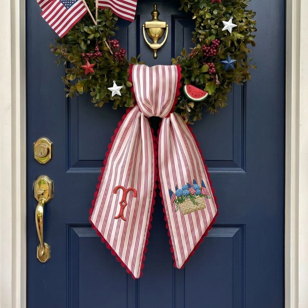 US Flag With Hydrangea Patriotic Wreath Sash 54x5 Inch, Wreath Sash for Front Door, Personalized Embroidered Monogram Sash, Independence Day Front Door Decor, America Flag with Bow Wreath Sashes