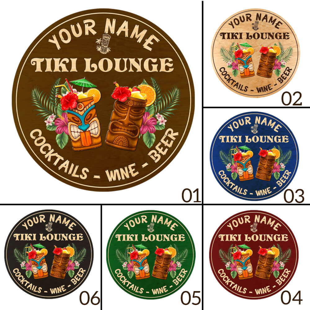 MeMate Custom Tiki Bar Sign - Personalized Wooden Name Sign for Backyard, Patio, Tiki Lounge, Beach, Party Decors - Rustic Round Printed Wood Signs Wall Hanging Decorative