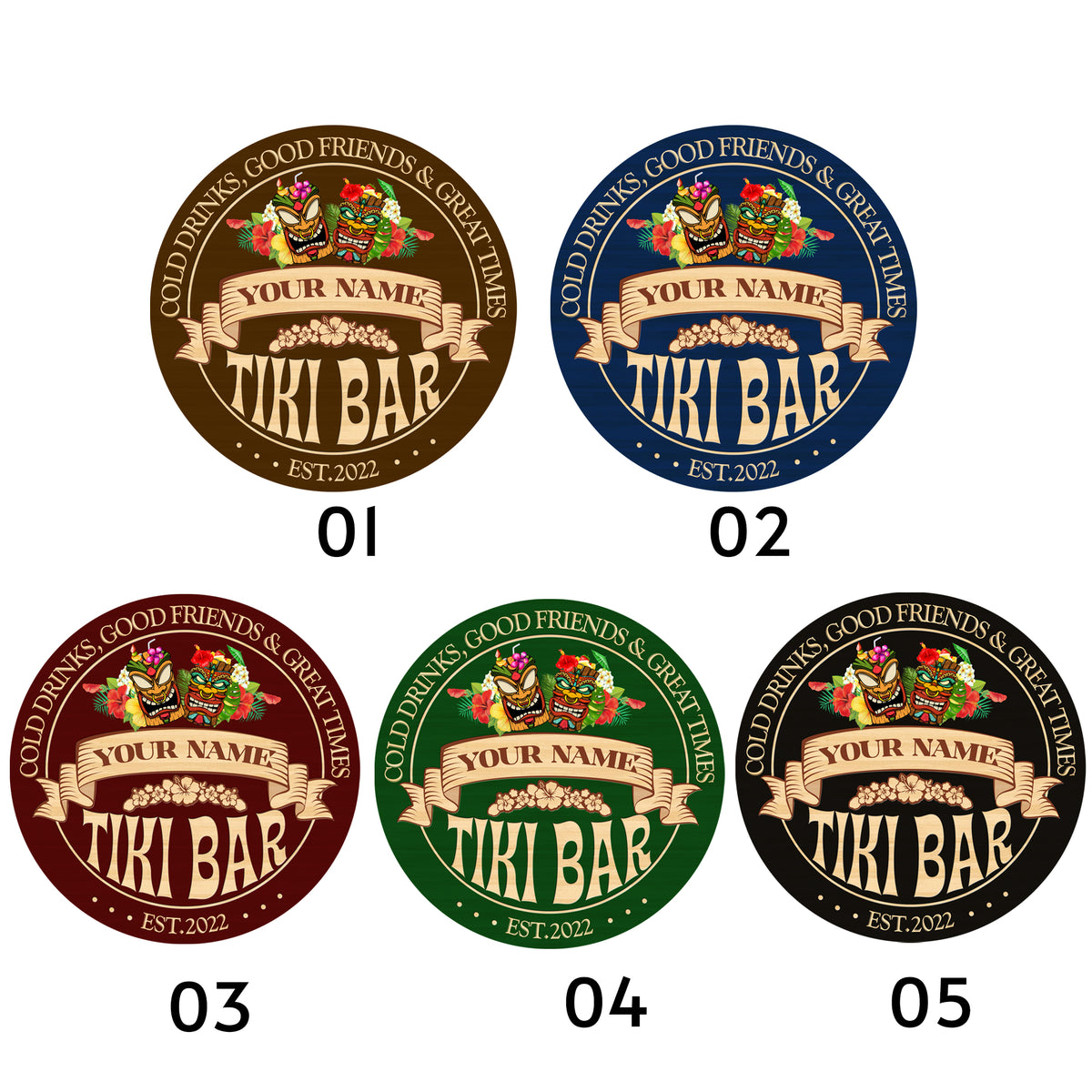 MeMate Tiki Bar Sign – Tiki Lounge Decor - Personalized Wooden Name Sign for Poolside, Patio, Backyard, Beach Party Decors – Custom Year Tiki Bar Rustic Round Printed Wood Signs Wall Hanging Decorative