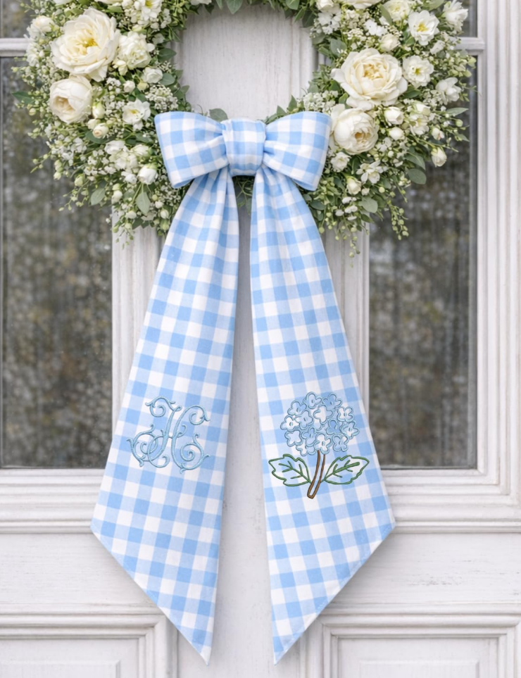 Monogram Wreath Sash Bow for Front Door, Hydrangea Wreath Ribbon with Adjustable Bow Knot Farmhouse Door Wreath Decor, Flowers Monogram Embroidered Sash for Holiday,Wedding,Memorial