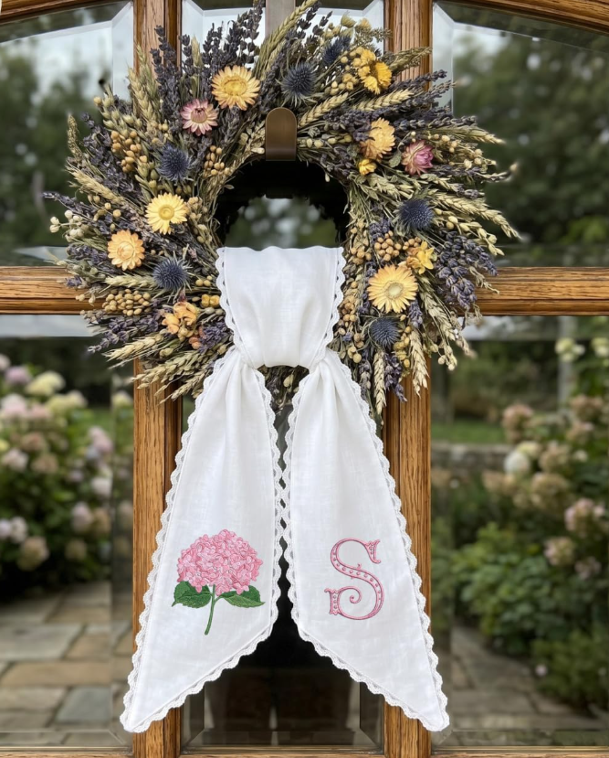 Personalized Pink Hydrangea Wreath Sash 54x5, Embroidered Hydrangea Wreath Sash Bow, Monogram Door Decor, Spring Toile Front Door Bow, Embroidered Holiday Sash