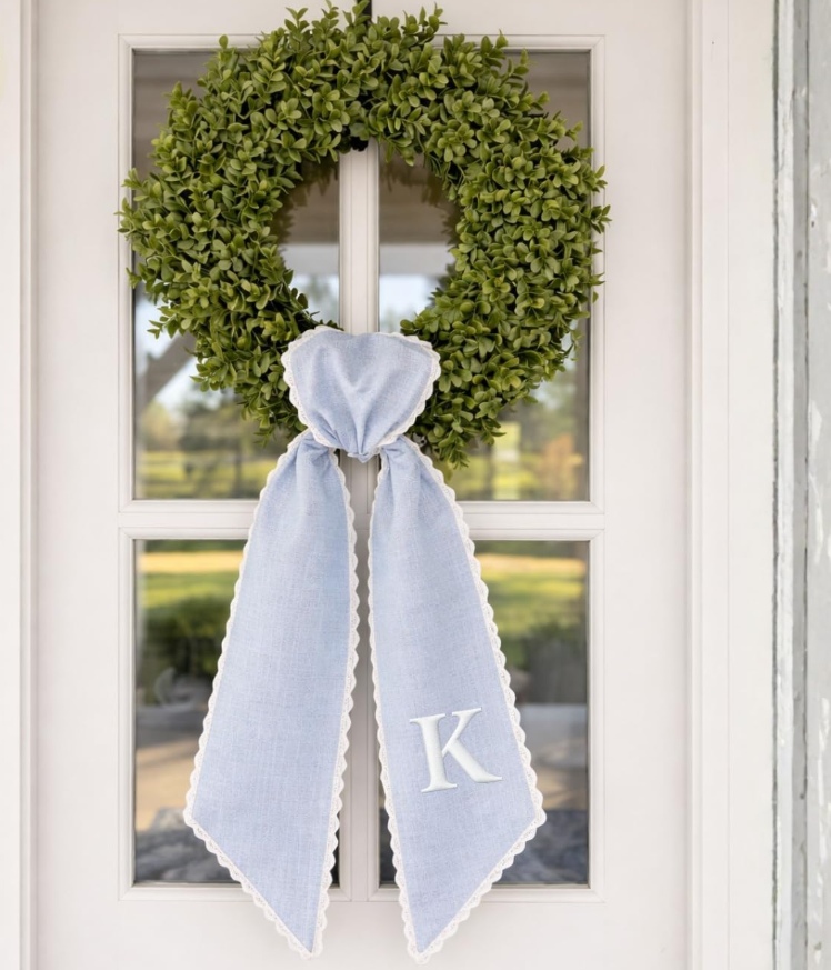 Monogram Wreath Sash Bow for Front Door, Personalized Initial Name, Wreath Ribbon with Adjustable Bow Knot Farmhouse Door Wreath Decor Monogram Embroidered Sash for Holiday, Wedding, Memorial, Housewarming Gift for Family Friends