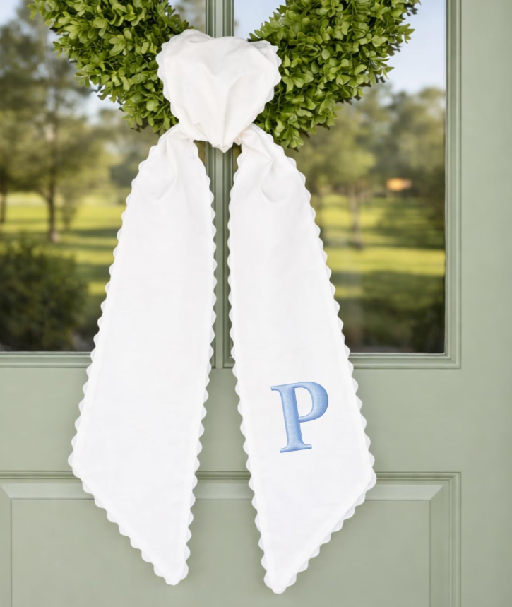 Monogram Wreath Sash Bow for Front Door, Personalized Initial Name, Wreath Ribbon with Adjustable Bow Knot Farmhouse Door Wreath Decor Monogram Embroidered Sash for Holiday, Wedding, Memorial, Housewarming Gift for Family Friends