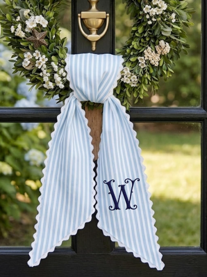 Monogram Wreath Sash Bow for Front Door, Personalized Initial Name, Monogramed Embroidered Ribbon with Adjustable Bow Knot Farmhouse Door Wreath Decor, Gift for Family Friends