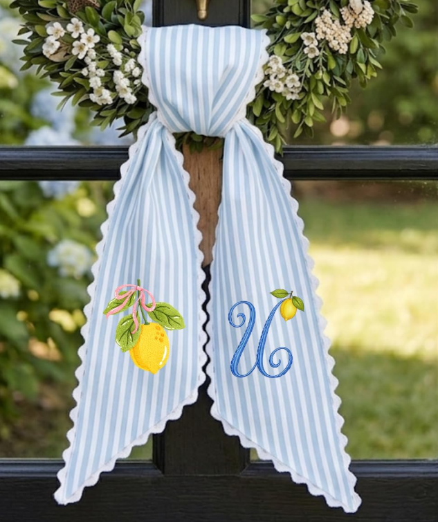 Summer Wreath Sash with Lemon, Monogram Wreath Sash for Front Door, Personalized Initial Name, Monogramed Embroidered Ribbon with Adjustable Bow Knot Farmhouse Door Wreath Decor, Gift for Family Friends