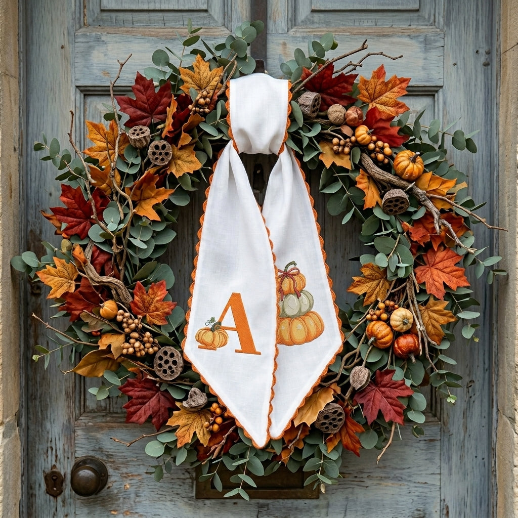 Fall Wreath Sash Bow, Personalized Initial Wreath Sashes 54x5 in, Autumn Wreath Ribbon for Front Door, Monogram Garland Accessories, Farmhouse Door Wreath Decor, Pumpkins Monogram Embroidered Sash