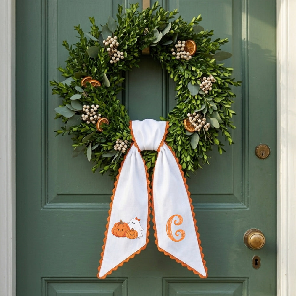 Fall Wreath Sash Bow Embroidered Initials, Personalized Monogram Wreath Sashes 54x5 in, Pumpkins Wreath Ribbon for Front Door, Garland Accessories, Autumn Farmhouse Door Wreath Decor