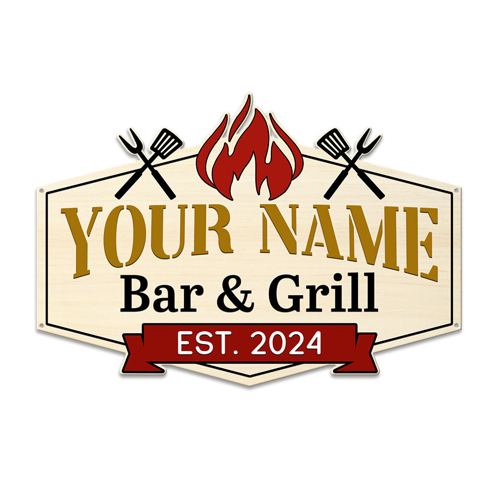 MeMate Metal BBQ Signs, Bar and Grill Sign to Personalize, Personalized Barbecue Metal Signs Kitchen Decor, Custom Name Outdoor Plaques, Rustic Decorations for Man Cave