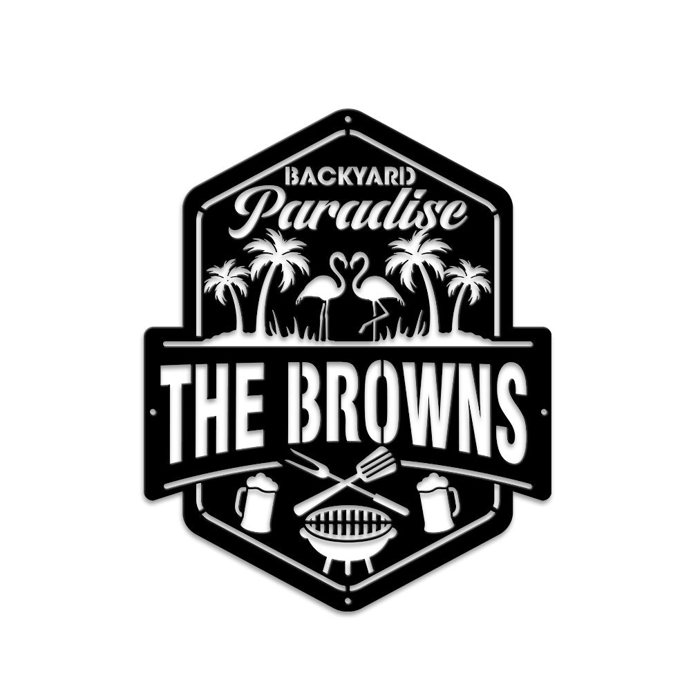 MeMate Backyard Paradise Sign, Bar & Grill Sign Outdoor Decor, Personalized Name Metal Sign for Backyard, Custom Name Signs for Backyard, Large Metal Sign for Outside, Housewarming Gifts
