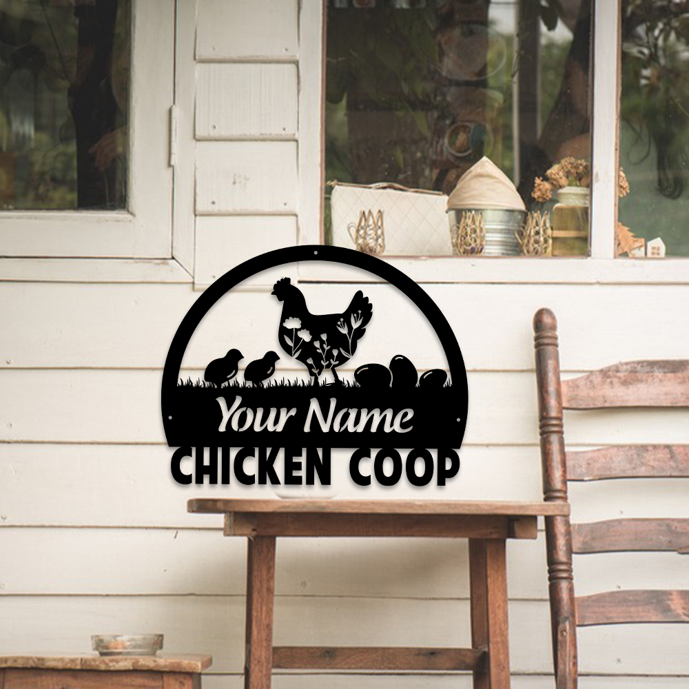 MeMate Chicken Coop Metal Sign, Hen House Outdoor Décor, Chicken Coop Signs, Personalized Name Outdoor Sign, Housewarming Gift for Family Friend