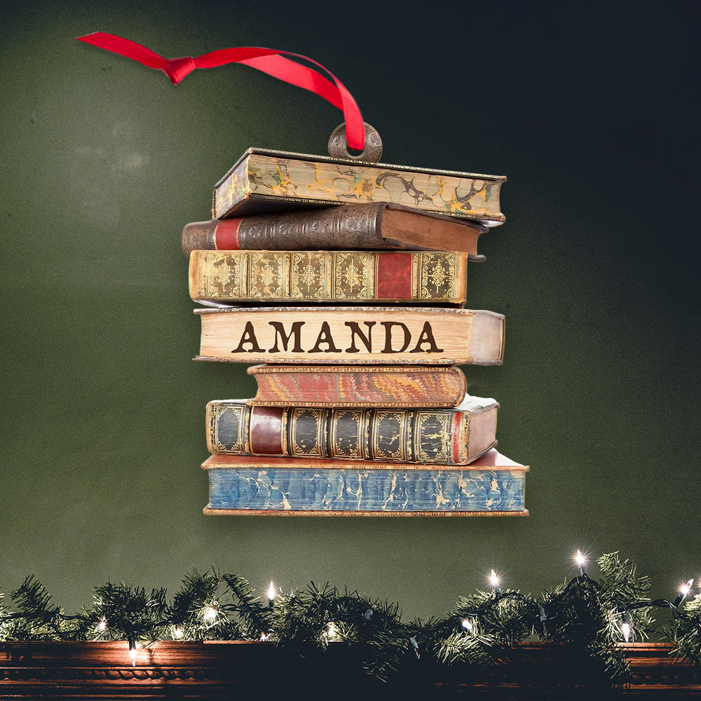 MeMate Book Lovers Ornament, Personalized Christmas Book Ornaments, Bookstacks Ornament, Custom Name Wooden Booklovers Ornament, Bookworm Christmas Keepsake, Book Club Decoration