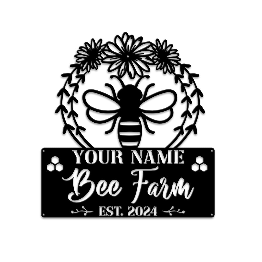 MeMate Garden Sign to Personalize, Bee Farm Flowers Sign, Custom Name Sign Metal for Bee Lovers, Bee Garden Art Decorations, Personalized Bee Sign, 8-24 inches Large Metal Sign, Gift for Beekeeper