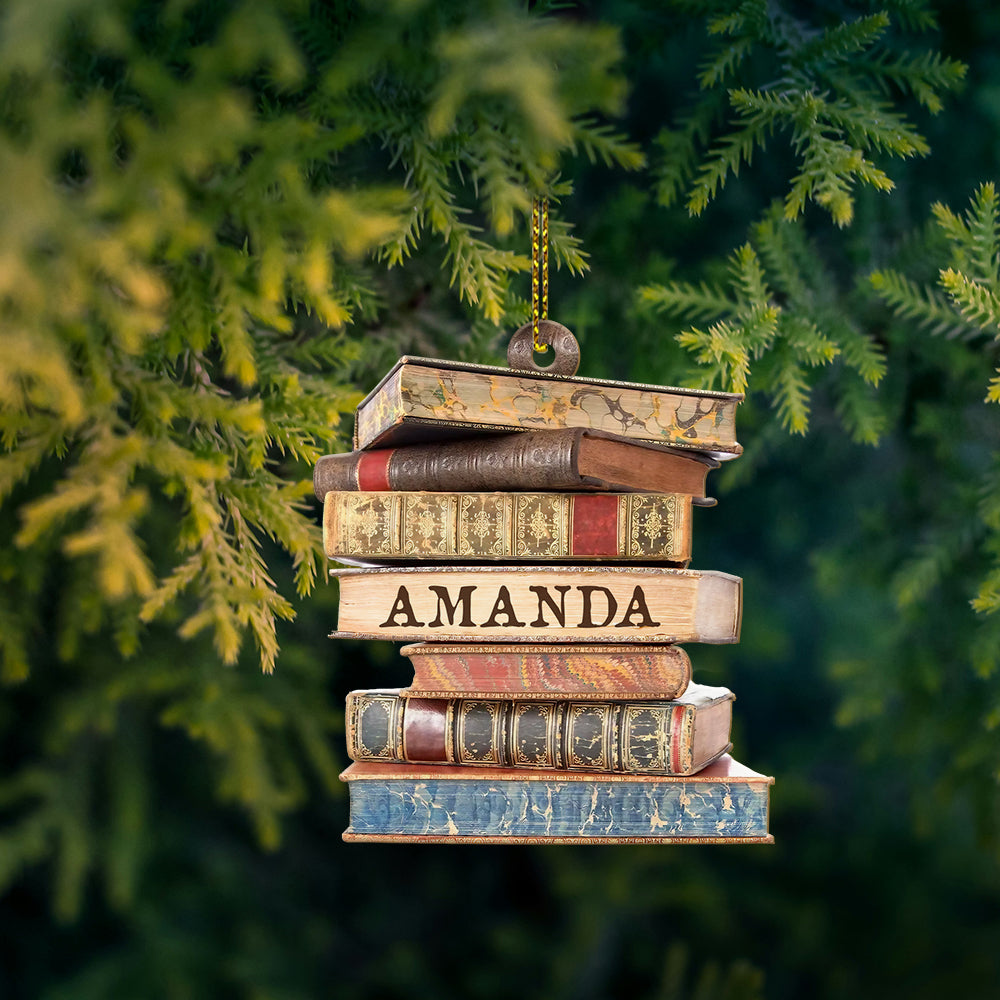 MeMate Book Lovers Ornament, Personalized Christmas Book Ornaments, Bookstacks Ornament, Custom Name Wooden Booklovers Ornament, Bookworm Christmas Keepsake, Book Club Decoration