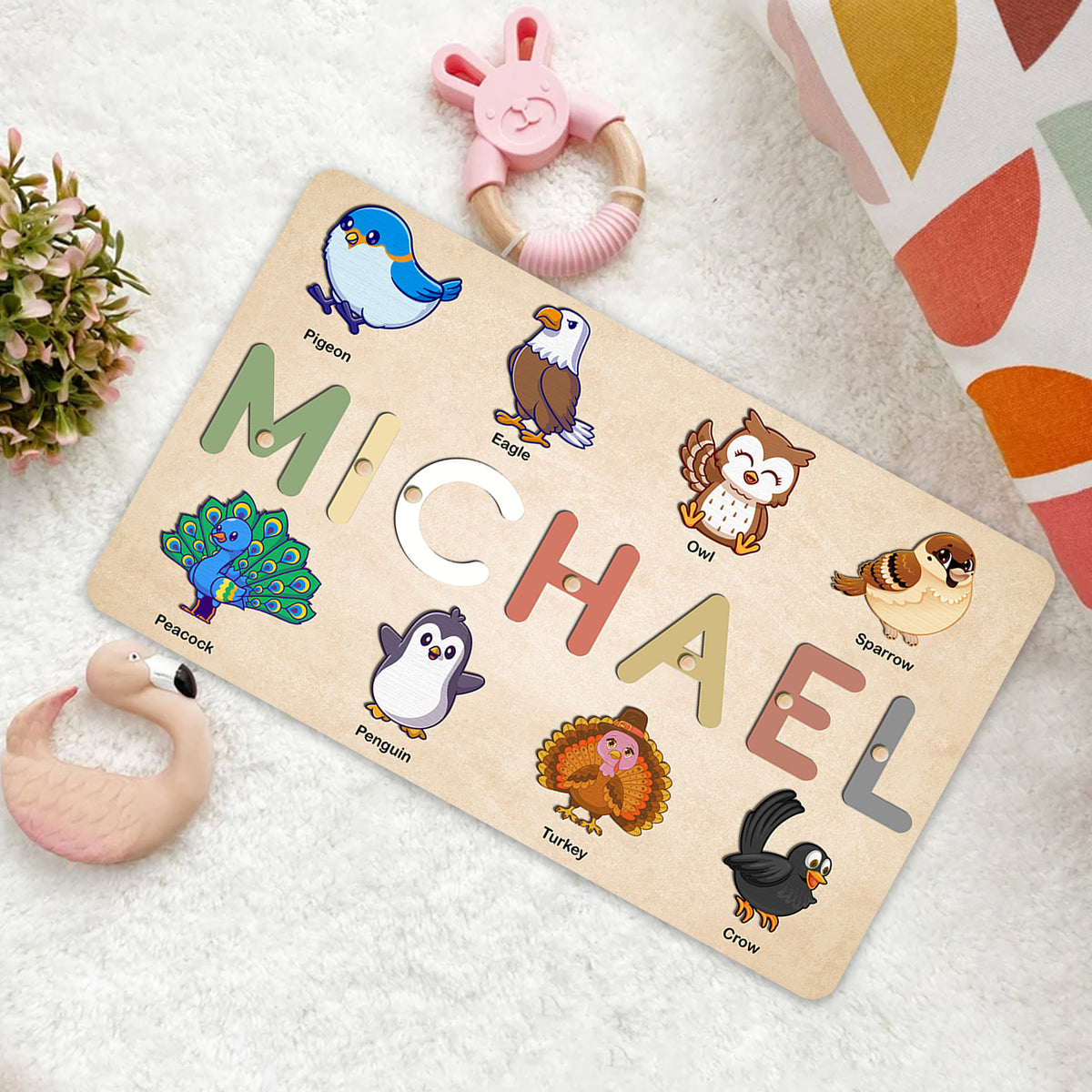MeMate Custom Baby Puzzle, Personalized Baby Name Puzzle with Birds, Educational Gift for Learning Bird Animal, Unique Baby Gifts