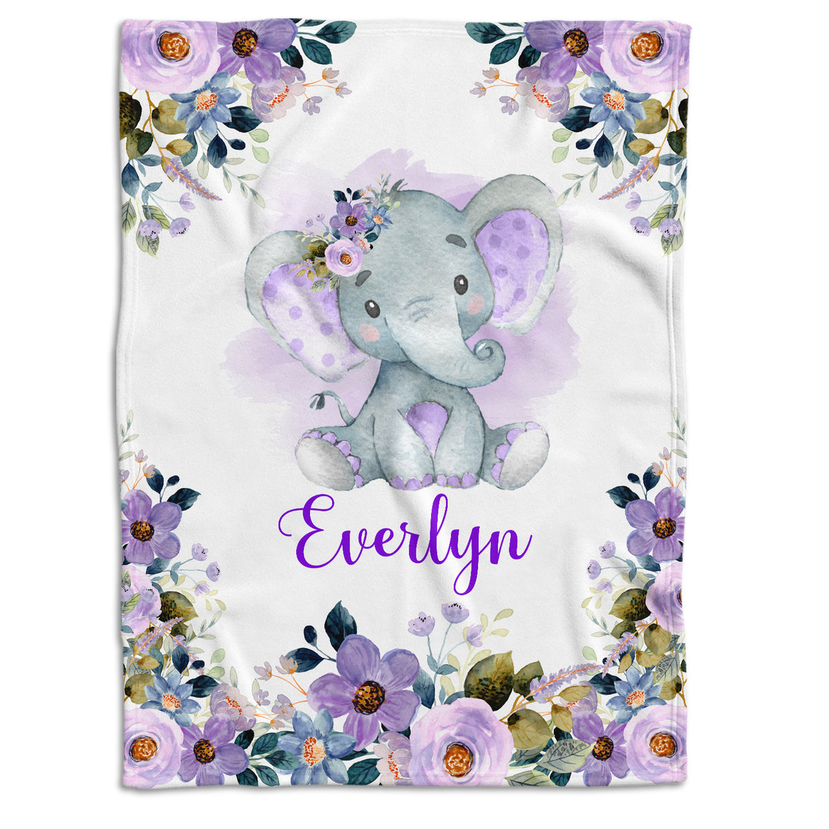 Elephant Baby Blankets, Personalized Baby Blankets for Girls, Custom Baby Elephant Blankets with Purple Flowers, Baby Girl Swaddle Blankets, Plush Blankets for Newborn Infant Daughter Granddaughter
