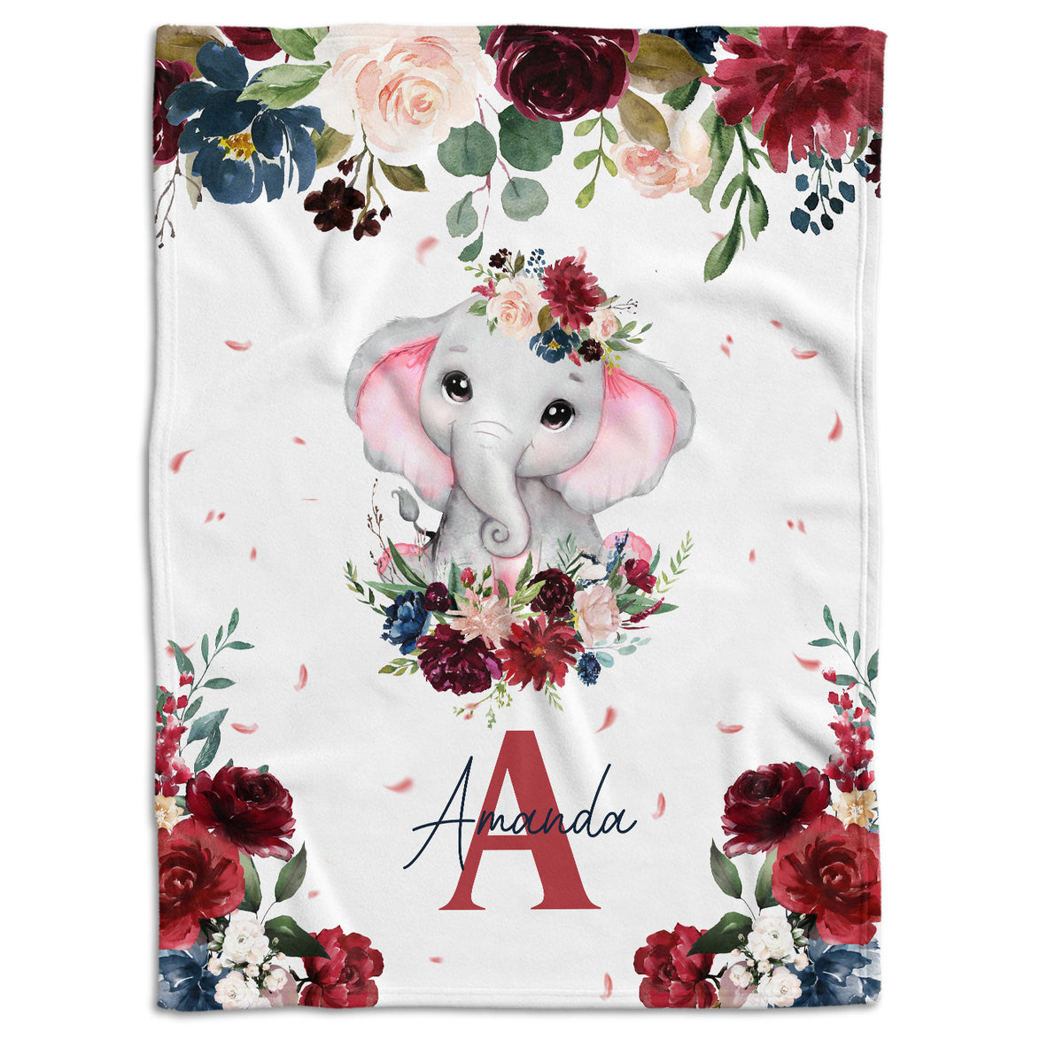 Elephant Baby Blankets, Personalized Baby Blankets for Girls, Custom Baby Elephant Blankets with Flowers, Baby Girl Swaddle Blankets, Plush Blankets for Newborn Infant Daughter Granddaughter