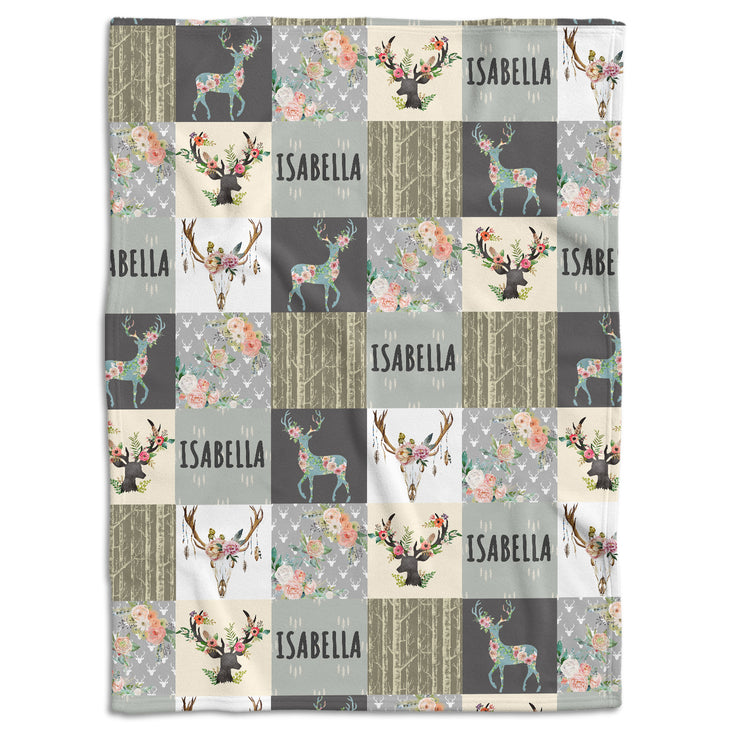 Deer Personalized Baby Blankets for Girls, Woodland Baby Blanket Name, Baby Deer Blanket, Flowers Baby Blankets, Custom Baby Blankets Name, Deer Swaddle Blanket, 3 Sizes Plush Blankets