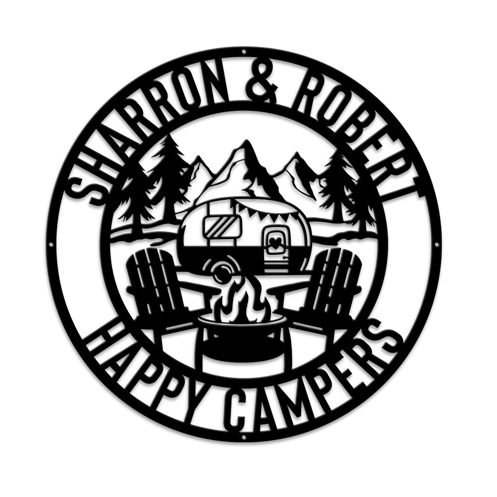MeMate Camping Sign, Personalized Metal Name Signs, Custom Camping Sign for Outdoor Kitchen Home Wall Décor, Round Vintage Signs for Oasis Fire Pit Backyards Patio Campers, Housewarming Gift