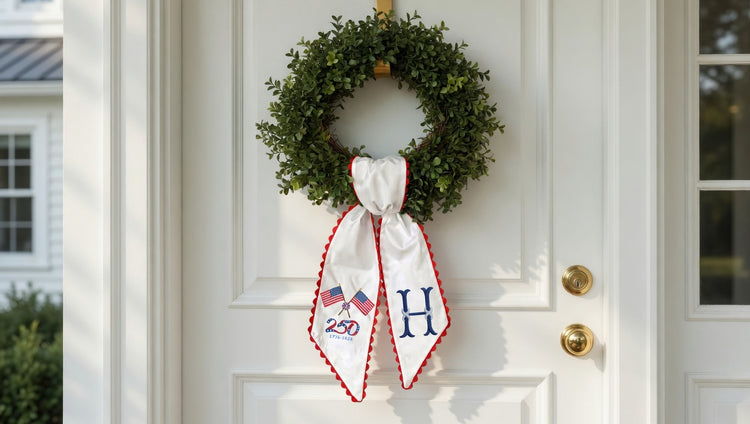 Personalized American Flag Wreath Sash, Custom Monogram Embroidered American Flag, Monogram Door Bow, 4th of July Anniversary Decor, Housewarming Gifts