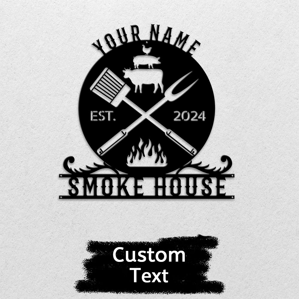 MeMate Smoke House Sign for Patio Decoration, BBQ Zone Patio Sign, Outdoor Decor, Personalized Metal BBQ Sign for Backyard, Custom Name Signs for Backyard, Large Metal Sign for Outside, Housewarming Gifts