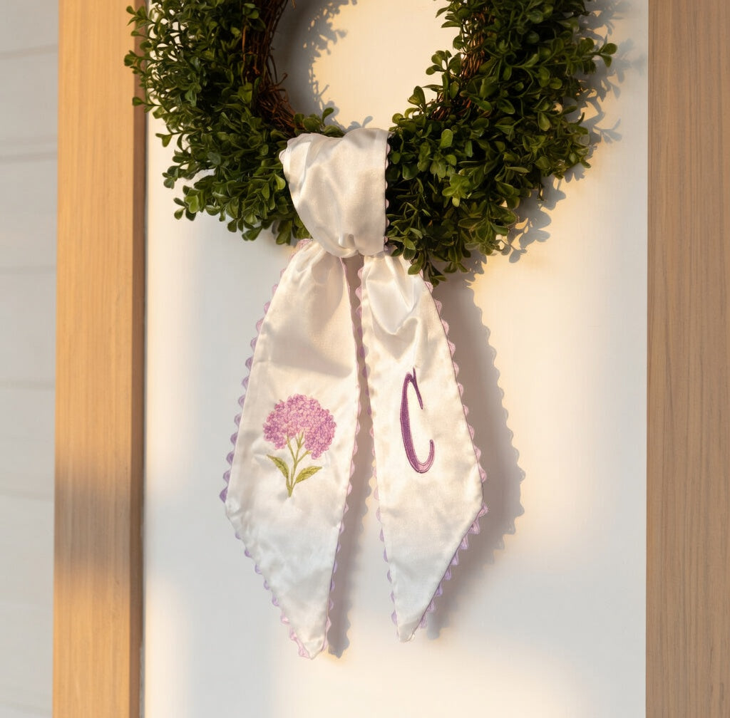 Personalized Hydrangea Wreath Sash 54x5, Embroidered Purple Hydrangea Wreath Sash Bow, Monogram Door Decor, Spring Front Door Bow, Embroidered Holiday Sash