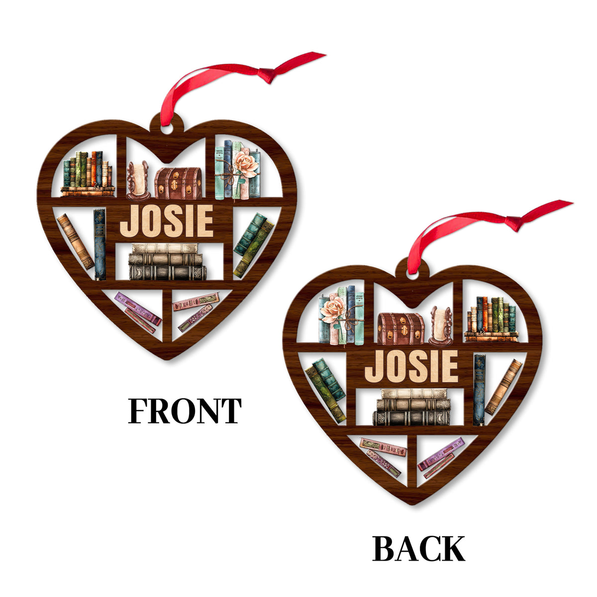 MeMate Book Lovers Heart Ornament, Personalized Christmas Book Ornaments, Custom Name Wooden Booklovers Ornament, Bookworm Christmas Keepsake, Book Club Decoration
