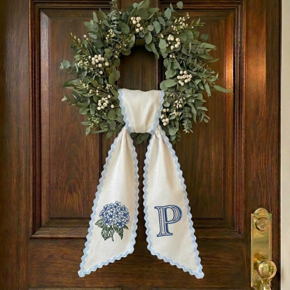 Monogram Wreath Sash Bow for Front Door, Personalized Initial Name, Blue Hydrangea Monogramed Embroidered Ribbon with Adjustable Bow Knot Farmhouse Door Wreath Decor, Gift for Family Friends