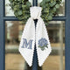 Monogram Wreath Sash Bow for Front Door, Personalized Initial Name, Blue Hydrangea Monogramed Embroidered Ribbon with Adjustable Bow Knot Farmhouse Door Wreath Decor, Gift for Family Friends