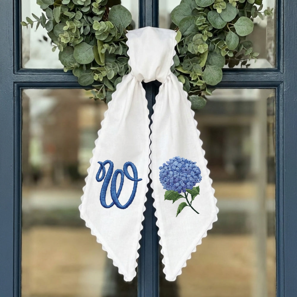 Hydrangea Monogram Wreath Sash Bow for Front Door, Personalized Initial Name, Monogramed Embroidered Ribbon with Adjustable Bow Knot Farmhouse Door Wreath Decor, Gift for Family Friends