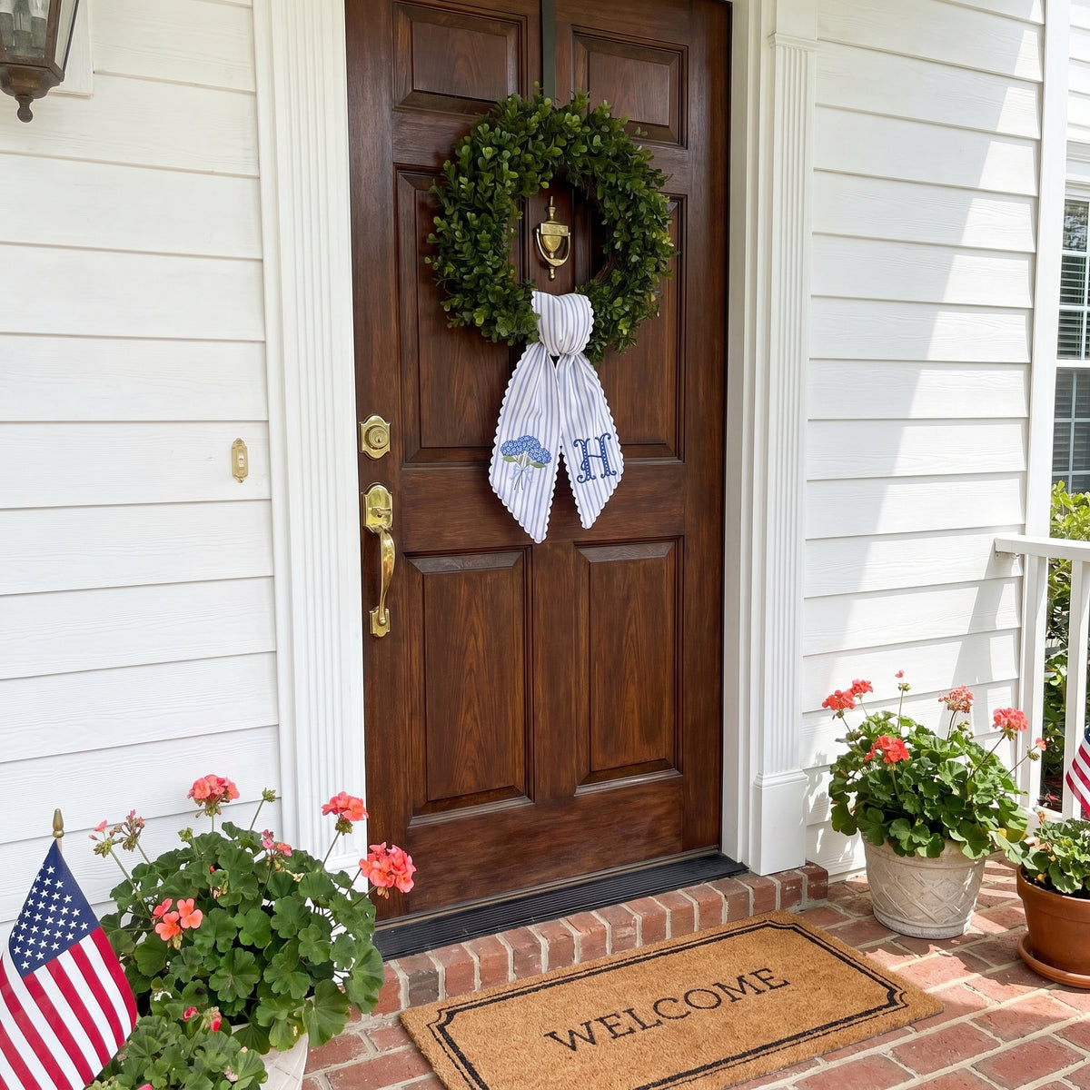 Personalized Hydrangea Wreath Sash 54x5, Embroidered Hydrangea Wreath Sash Bow, Monogram Door Decor, Spring Toile Front Door Bow, Embroidered Holiday Sash