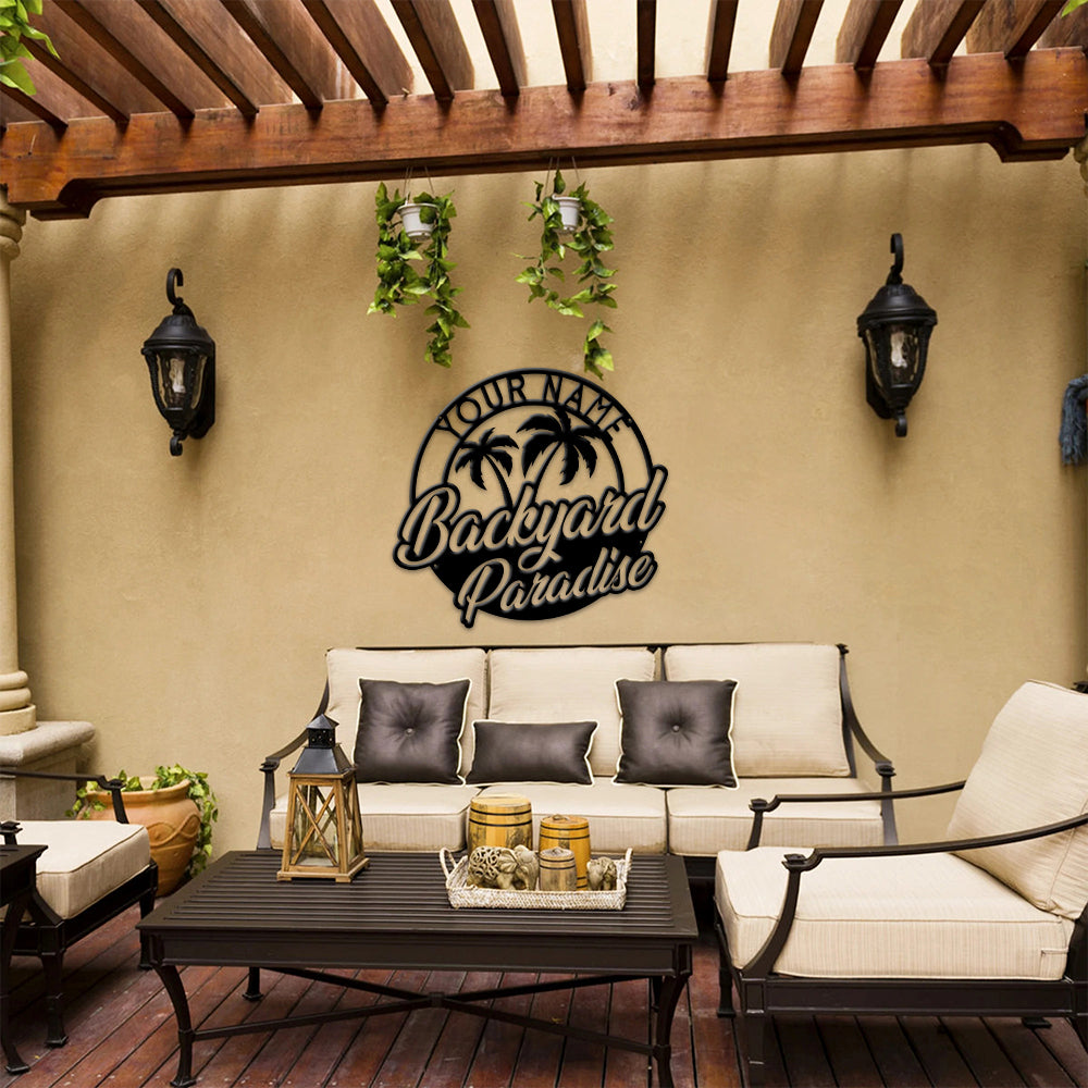 MeMate Metal Backyard Paradise Sign, Personalized Backyard Metal Signs Kitchen Decor, Custom Name Outdoor Plaques