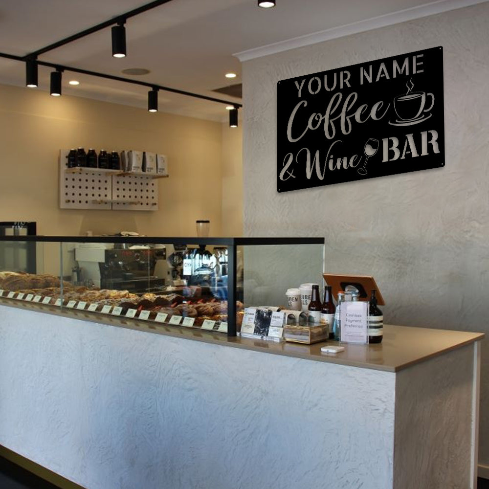 MeMate Coffee & Wine Bar Sign for Bar Decoration, Outdoor Bar Decor, Personalized Metal Sign for Coffee & Bar, Custom Name Signs for Coffee Bar, Large Metal Sign for Outside, Home Bar Gifts